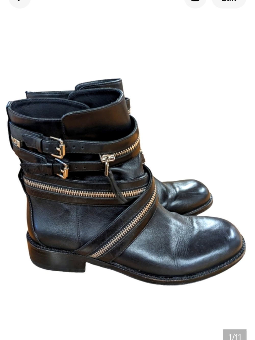 Vince Camuto Signature Black Leather Zipper Detail Moto Boots Size 7.5
